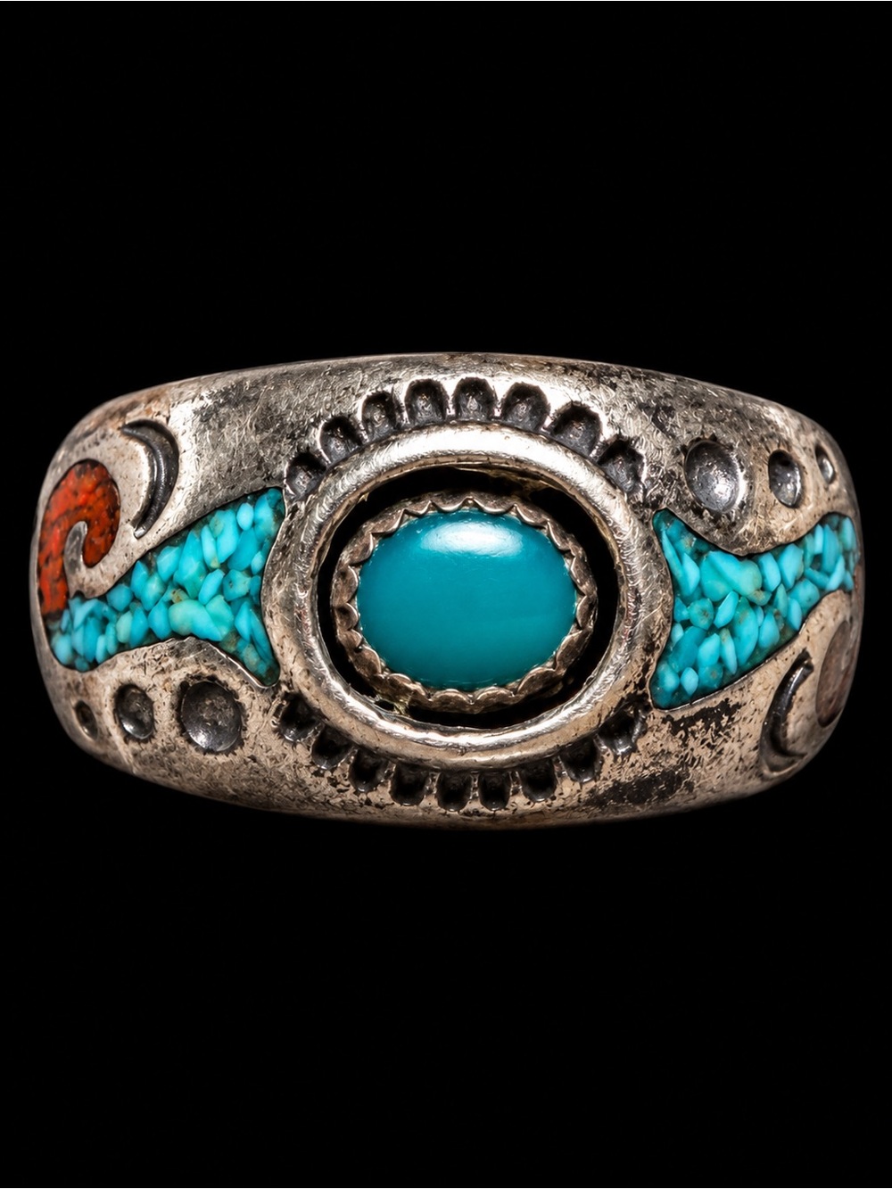 Vintage Running Bear Sterling Silver Turquoise & Coral Ring Size 7